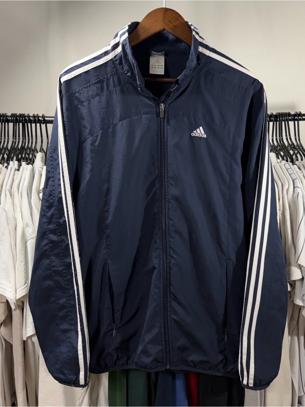adidas Navy Windbreaker Jacket with White Stripes